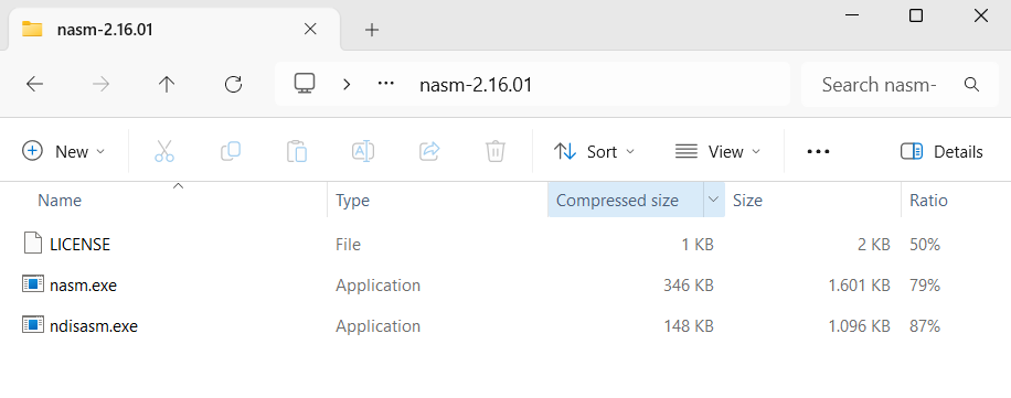 Os arquivos nasm.exe e ndisasm.exe na pasta extraída