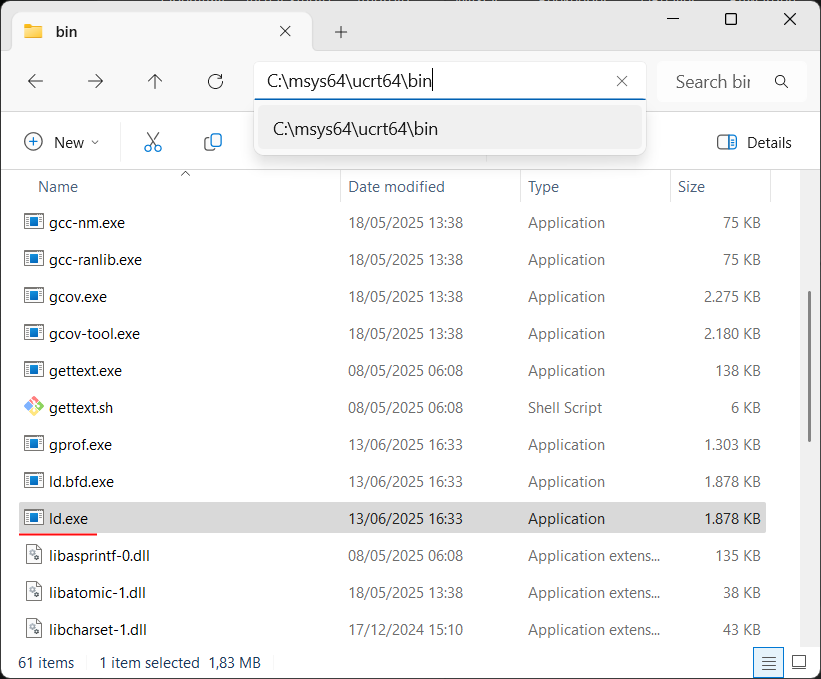 O diretório do linker ld.exe no MSYS2