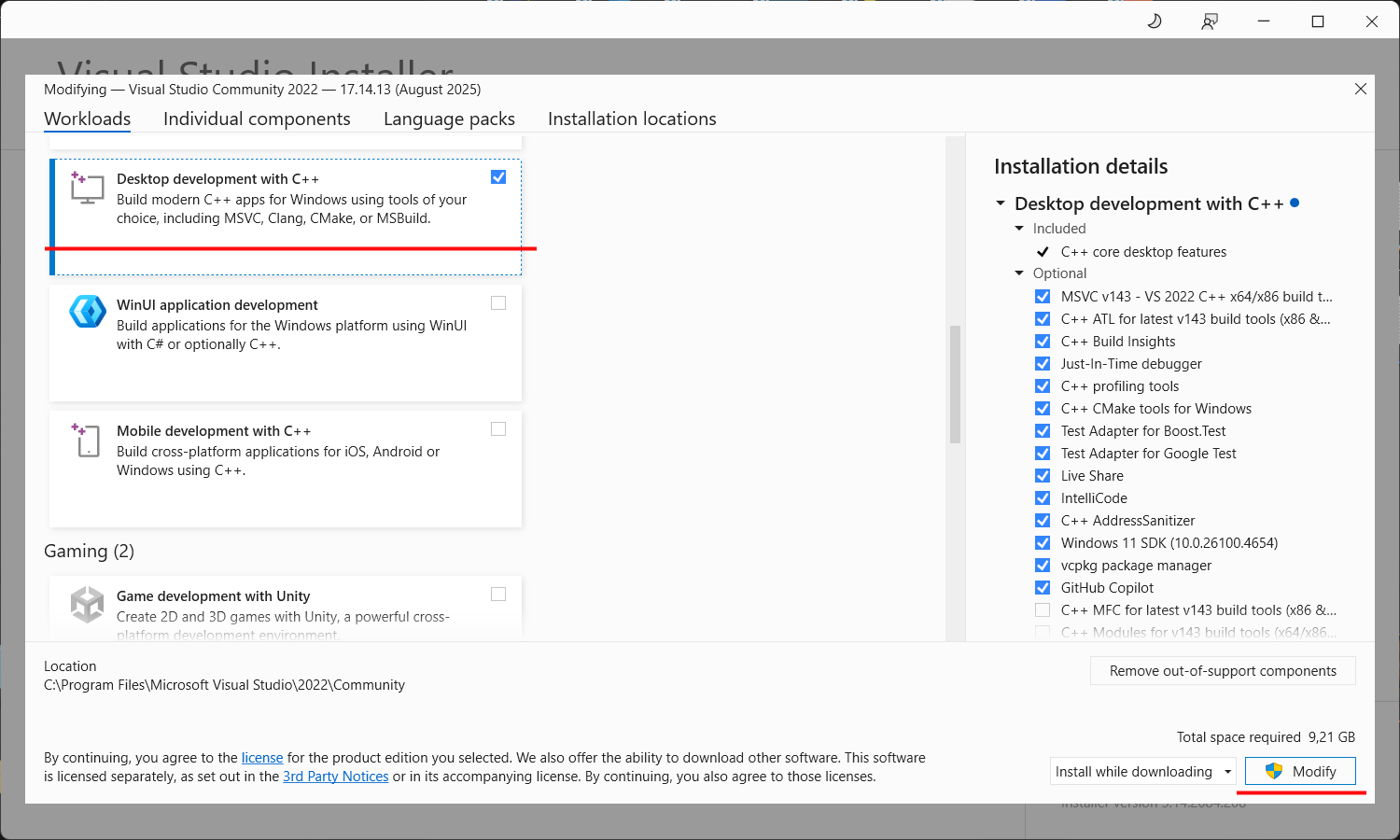 Instalador do Visual Studio destacando a opção "Desenvolvimento para desktop com C++".