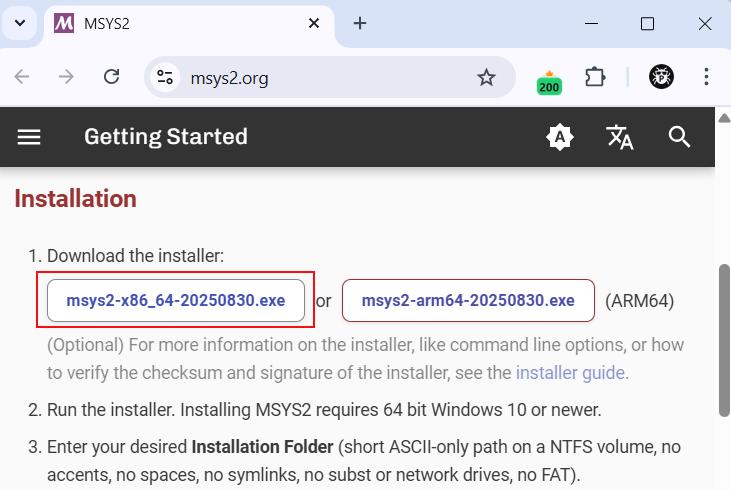 O site oficial do MSYS2 com o link de download destacado