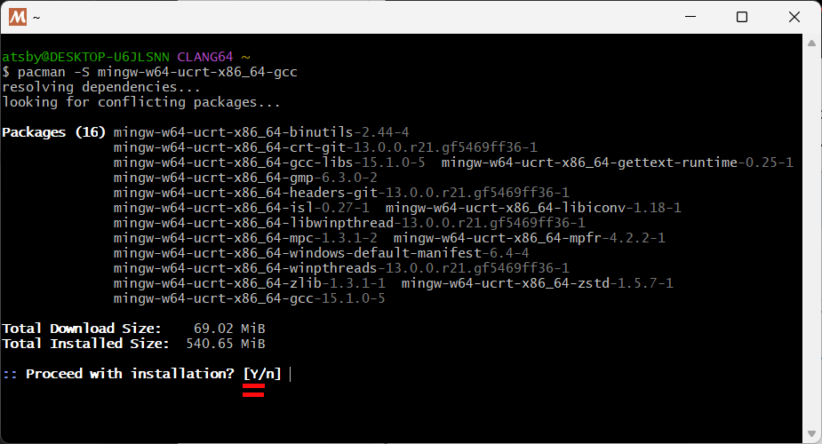 Terminal MSYS2 mostrando a lista de pacotes a serem instalados para o GCC e solicitando confirmação.