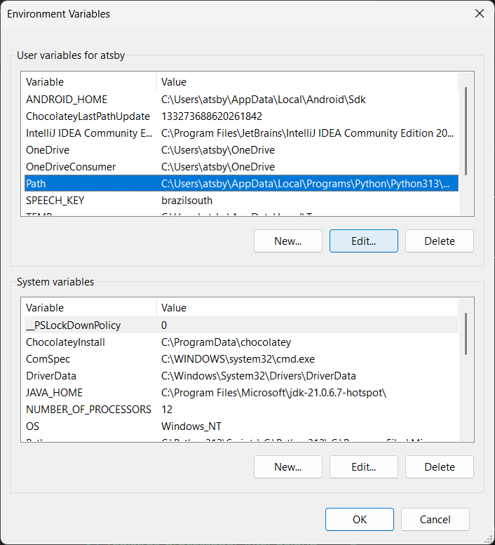 Janela "Variáveis de usuário"
