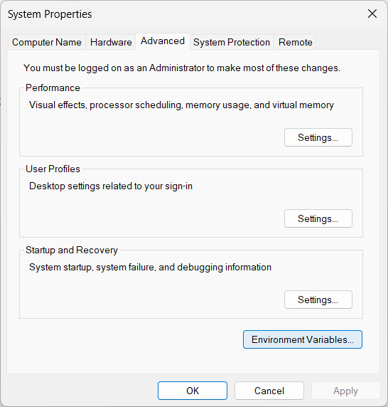 Janela "Variáveis de Ambiente"