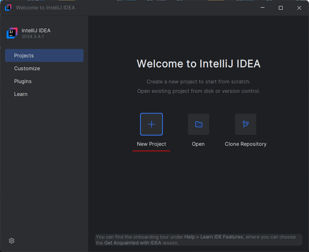 Janela de criação de um novo projeto no IntelliJ IDEA