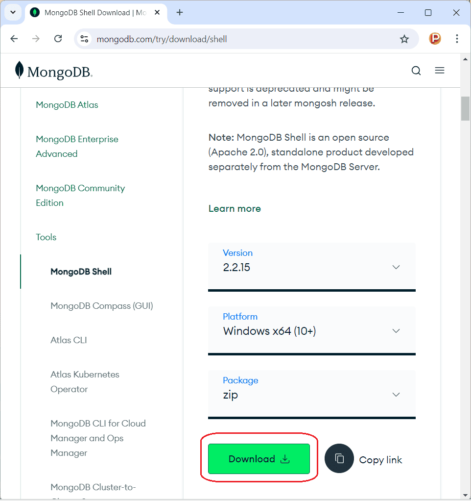 Baixando o cliente do MongoDB para Windows