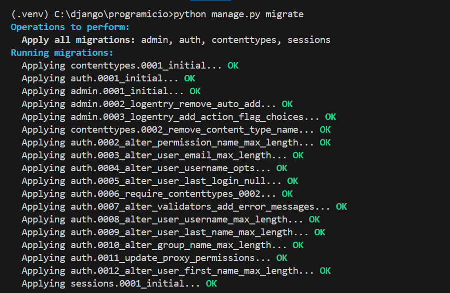 Mensagem do console exibindo a aplicação bem-sucedida de todas as migrações no Django