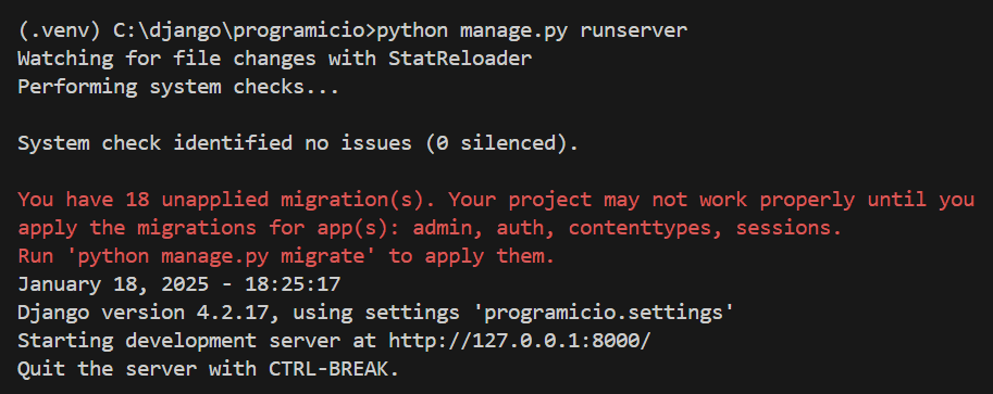 Mensagem do console informando sobre migrações pendentes no Django antes de aplicar o comando migrate