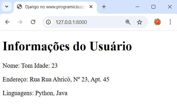 Navegador exibindo dados complexos inseridos no template pelo Django