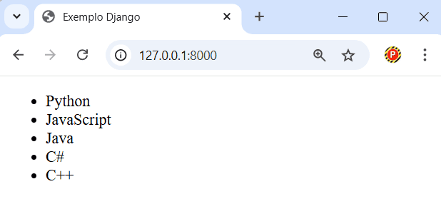 Navegador exibindo uma lista com uso da tag for no template retornado pelo servidor Django