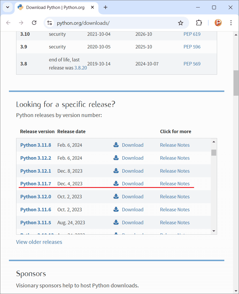 Página de downloads do Python para Windows