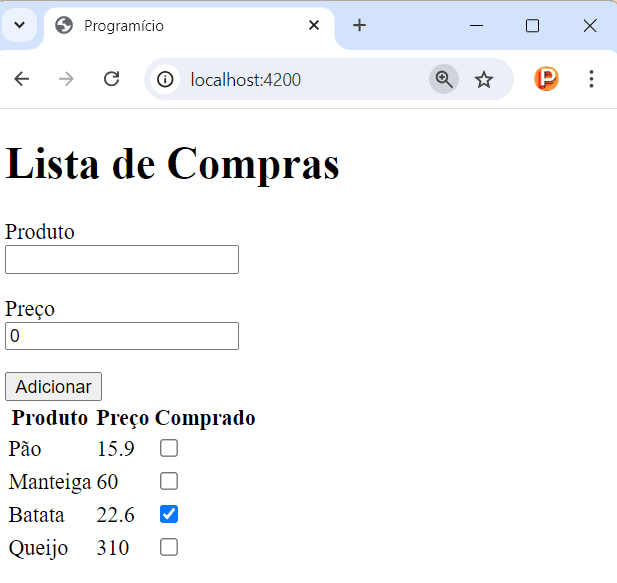Lista de compras com os itens definidos no componente