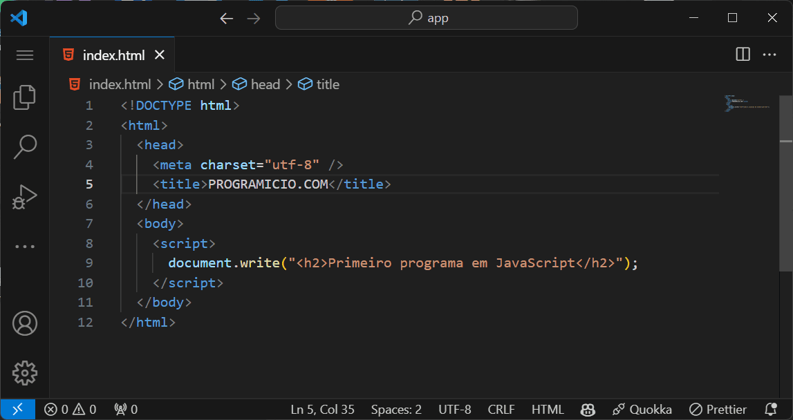 Primeiro script em JavaScript em Visual Studio Code