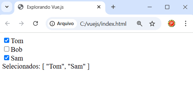 Exemplo de checkboxes vinculados a um array em Vue.js
