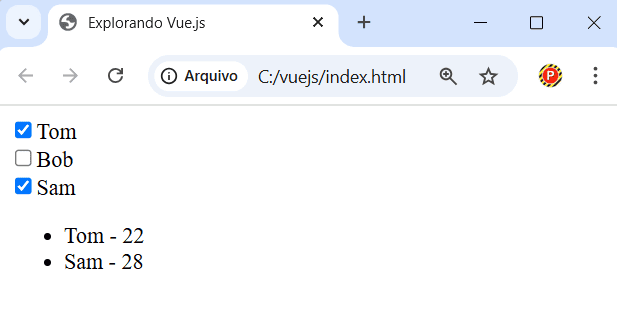 Exemplo de checkboxes vinculados a um objeto em Vue.js