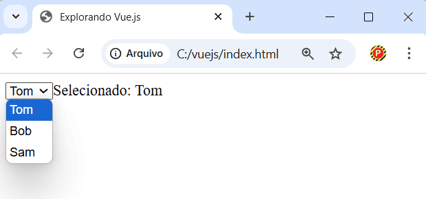 Exemplo de uso de elemento select em Vue.js