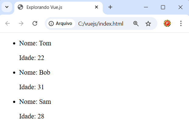 Iterando sobre uma lista de objetos em Vue.js