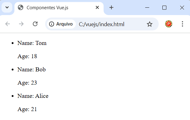 Exemplo de como passar array de objetos para componente em Vue.js