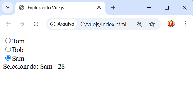 Radio buttons vinculados a objetos em Vue.js